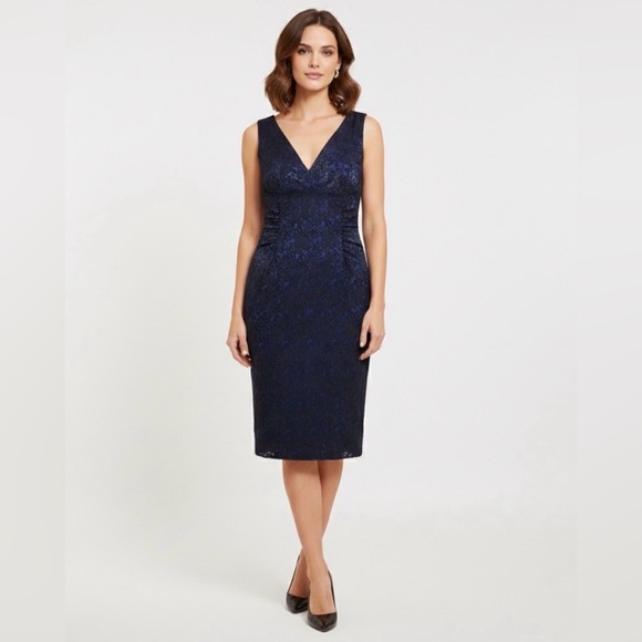 Adrianna Papell Dresses & Skirts - Adrianna Papell Navy Blue Lace Sheath Dress | V-Neck Ruched Sz 10 Wedding